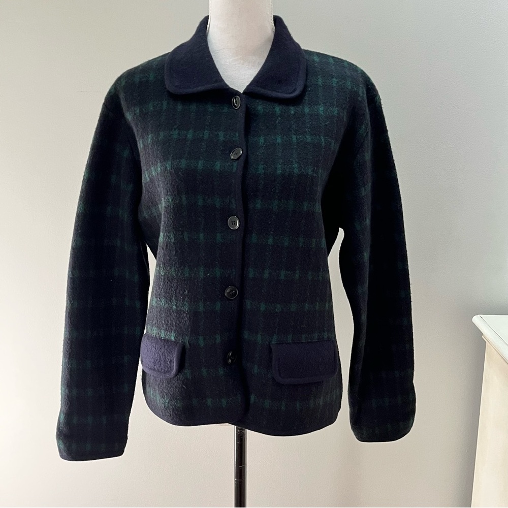 VTG Embassy Row Merino Wool Cardigan Sweater Jacket Green Blue Plaid Australia